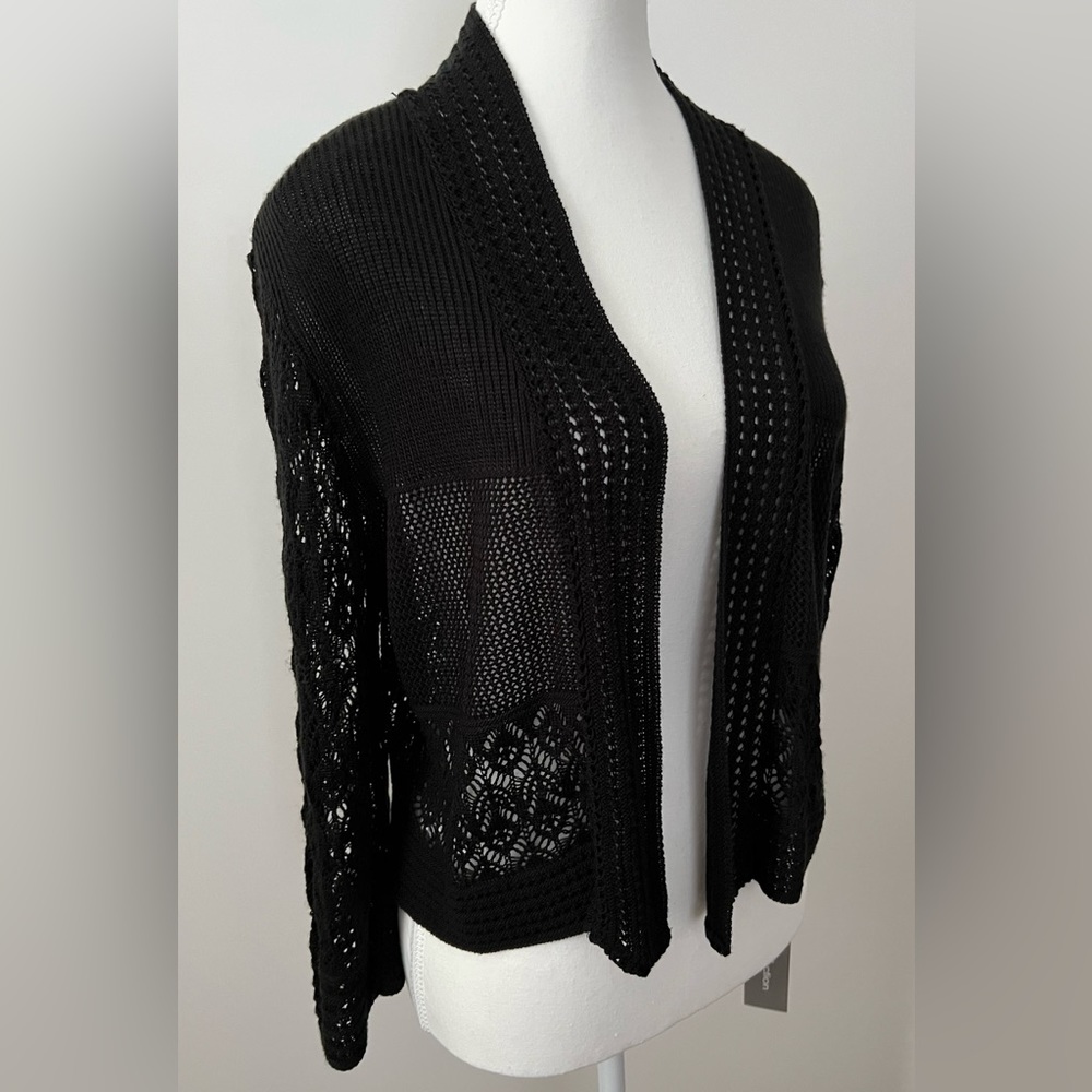 NWT NY Collection Black Crochet Open Front Cardigan Size L